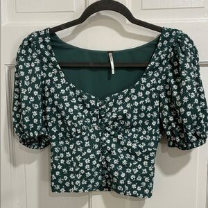 Free People Green Floral Puff Sleeve Blouse